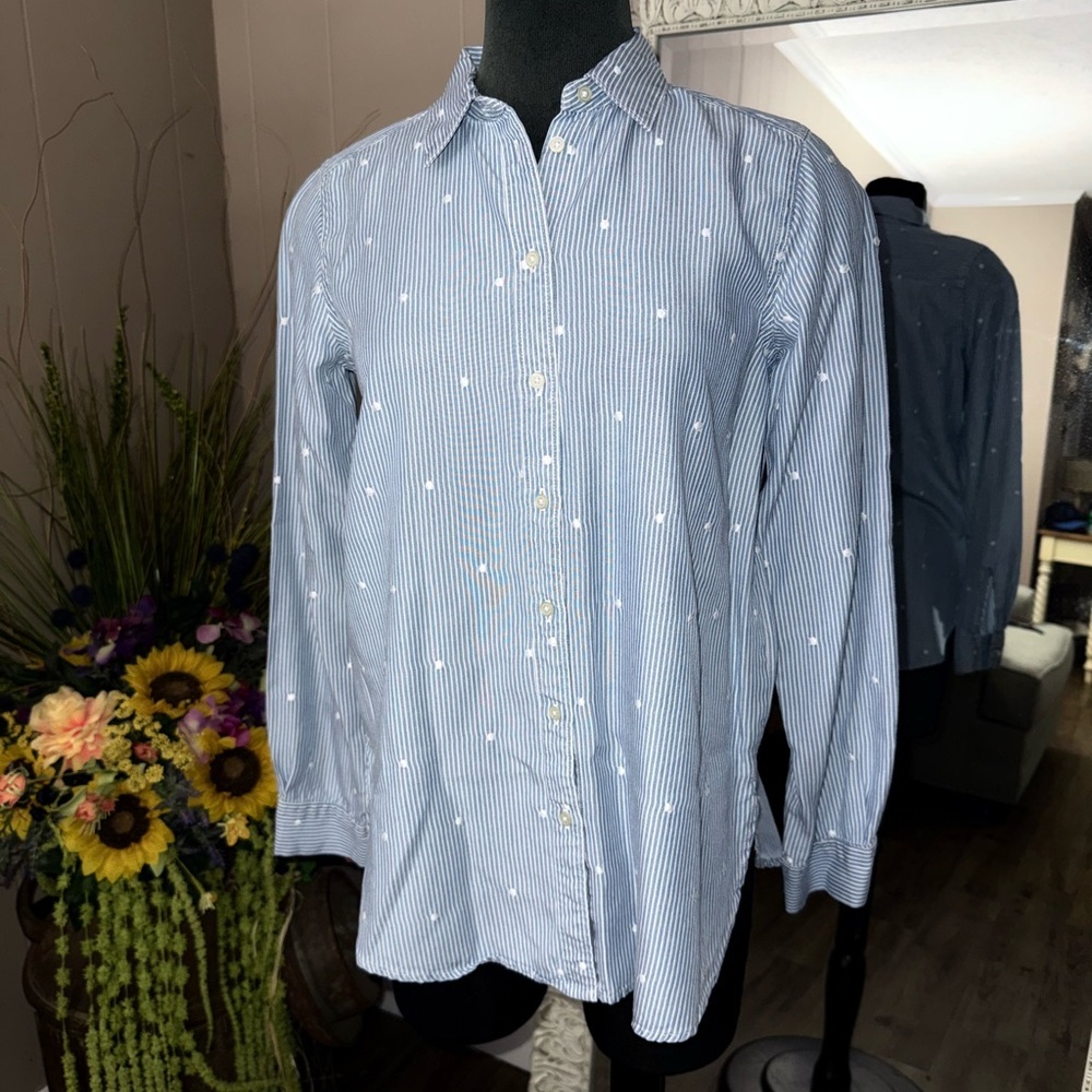 LOFT • Embroidered Dot Striped Poplin Button Down - Picture 1 of 9